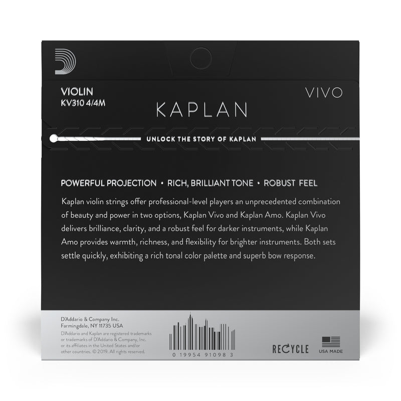D'Addario Kaplan Vivo Violin String Set, 4/4 Scale, Medium Tension