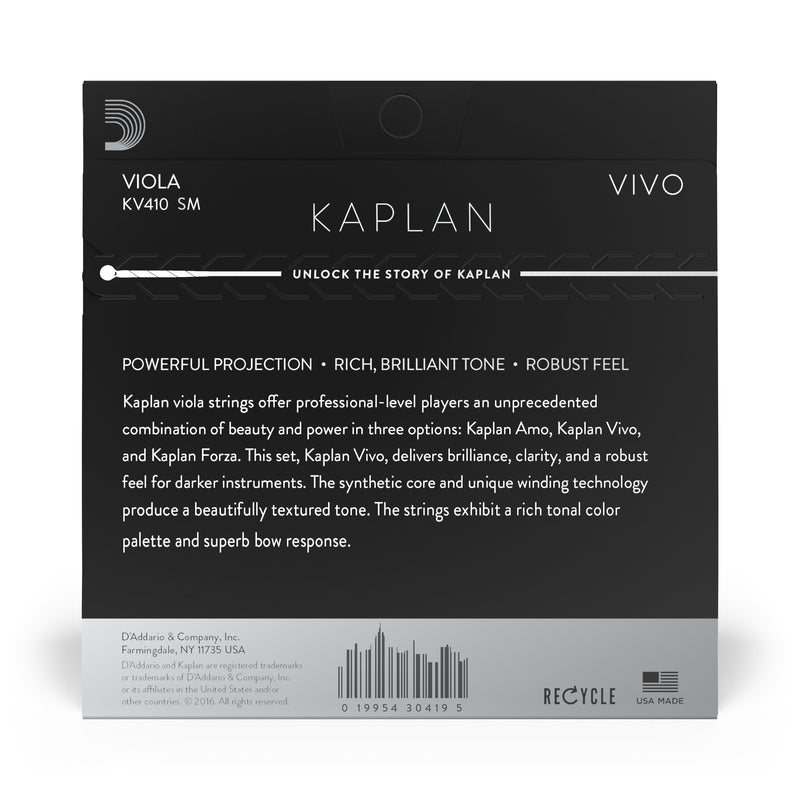D'Addario Kaplan Vivo Viola String Set, Short Scale, Medium Tension