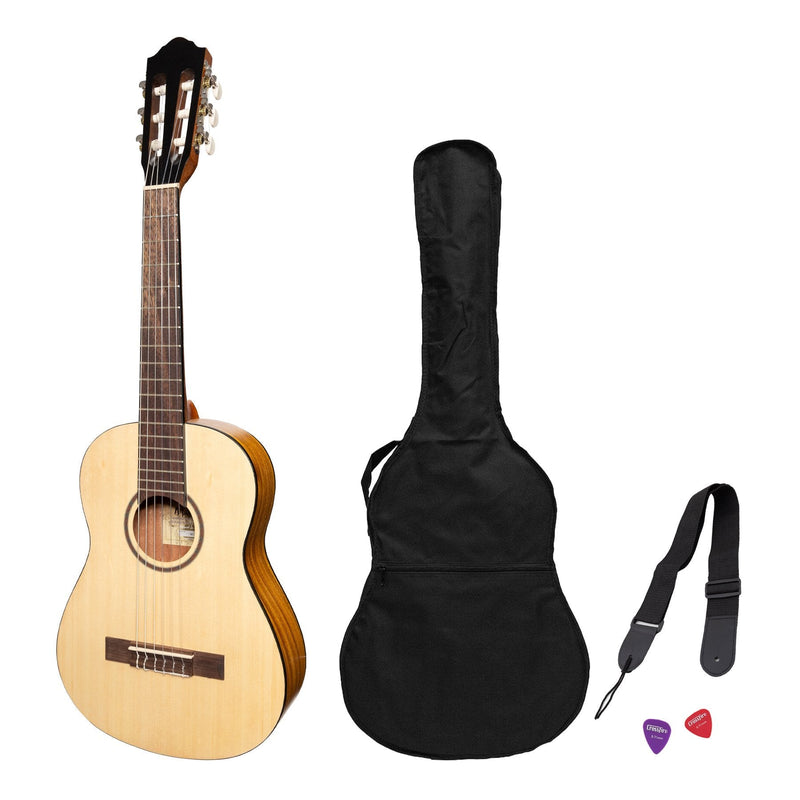 Martinez 1/2 Size Student Classical Guitar Pack with Built In Tuner (Spruce/Koa)