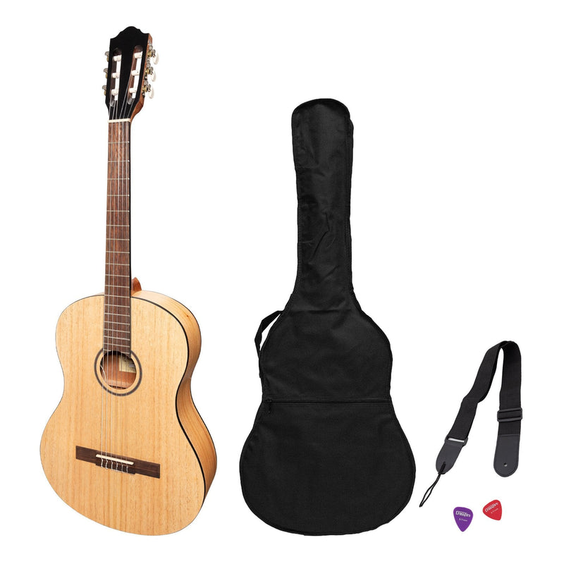 Martinez 'Slim Jim' Full Size Electric Classical Guitar Pack with Pickup/Tuner (Mindi-Wood)