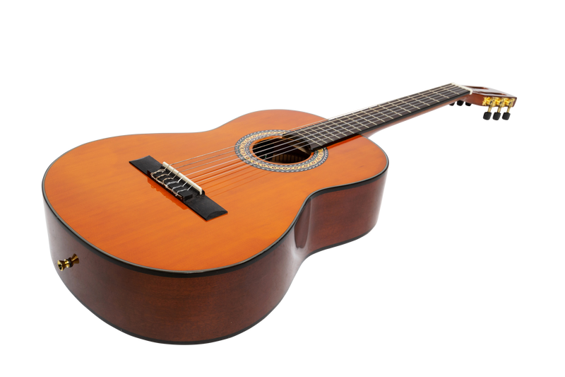 Martinez 'Slim Jim' G-Series 3/4 Size Student Classical Guitar Pack with Built In Tuner (Amber-Gloss)