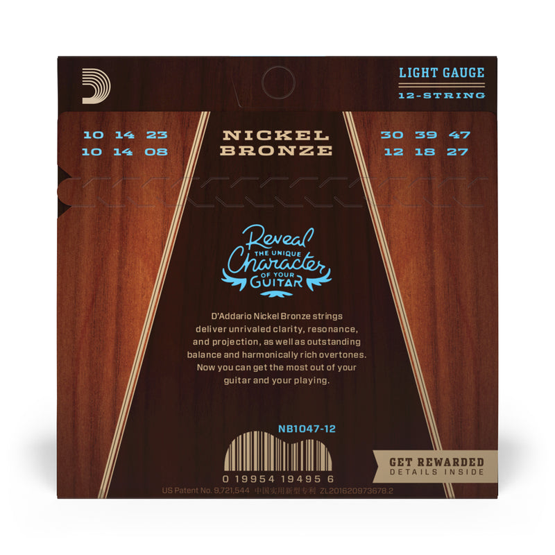 D'Addario NB1047-12 Nickel Bronze Acoustic Guitar Strings, 12-String, Light 10-47