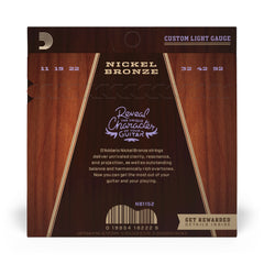 D'Addario NB1152 Nickel Bronze Acoustic Guitar Strings, Custom Light, 11-52