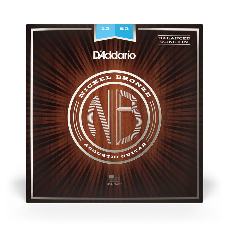 D'Addario NB1252BT Nickel Bronze Acoustic Guitar Strings, Balanced Tension Light, 12-52