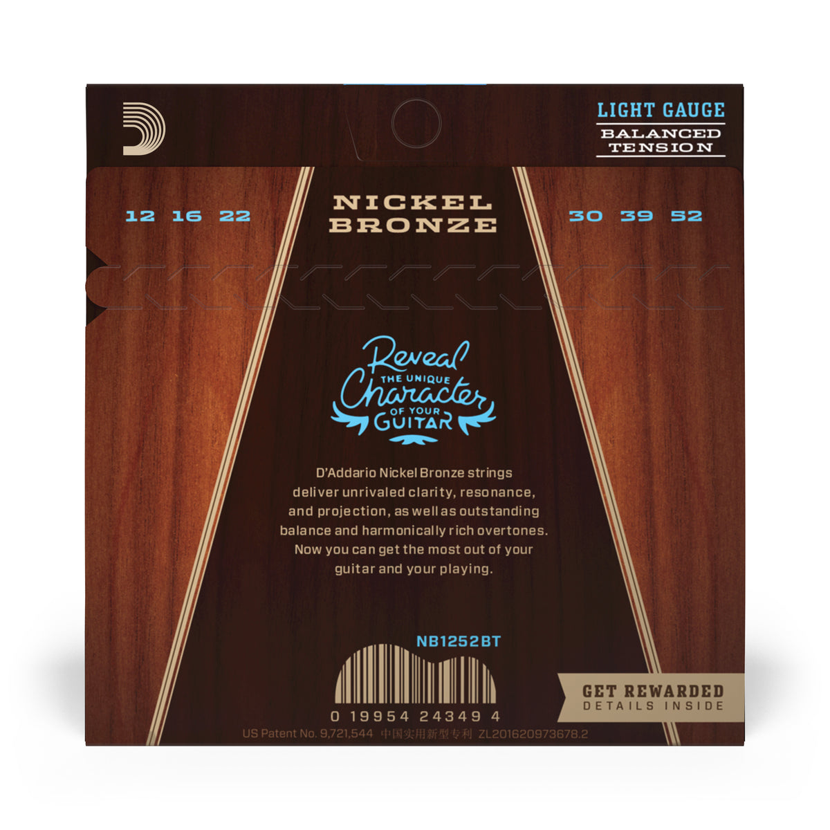 D'Addario NB1252BT Nickel Bronze Acoustic Guitar Strings, Balanced Tension Light, 12-52