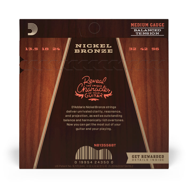 D'Addario NB13556BT Nickel Bronze Acoustic Guitar Strings, Balanced Tension Medium, 13.5-56