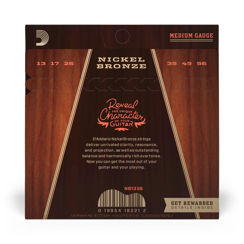 D'Addario NB1356 Nickel Bronze Acoustic Guitar Strings, Medium, 13-56