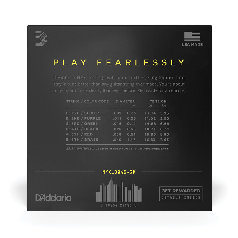D'Addario NYXL0946-P Nickel Wound Electric Guitar Strings, Super Light Top / Regular Bottom, 9-46, 3 Sets