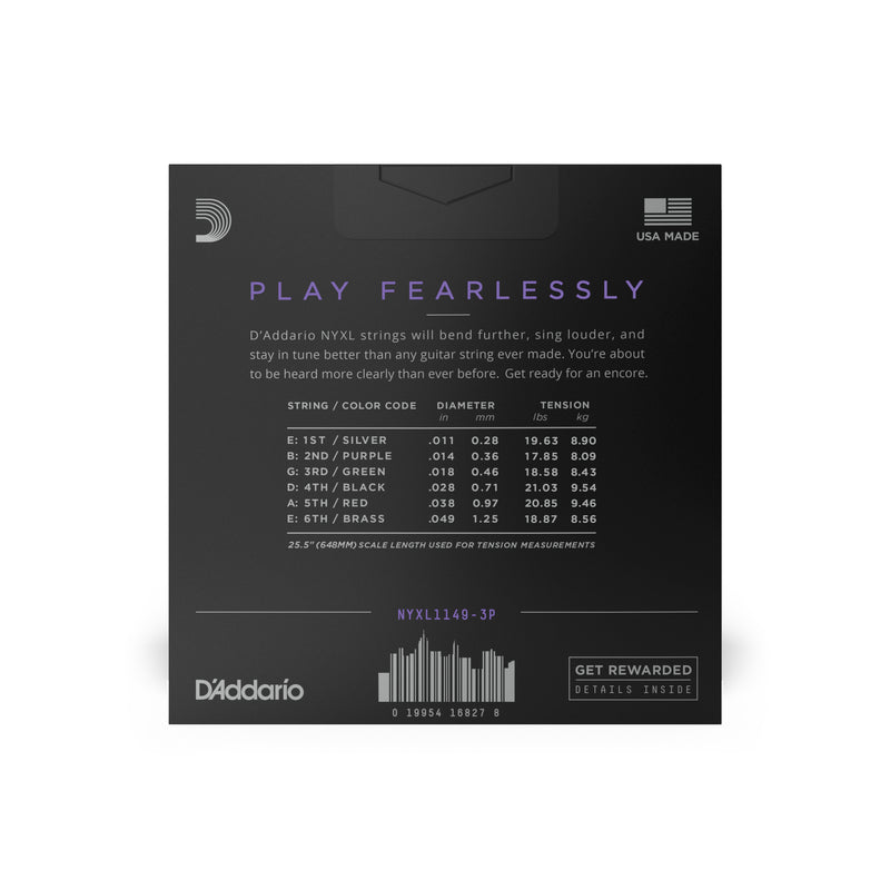 D'Addario NYXL1149-3P Nickel Wound Electric Guitar Strings, Medium, 11-49, 3 Sets