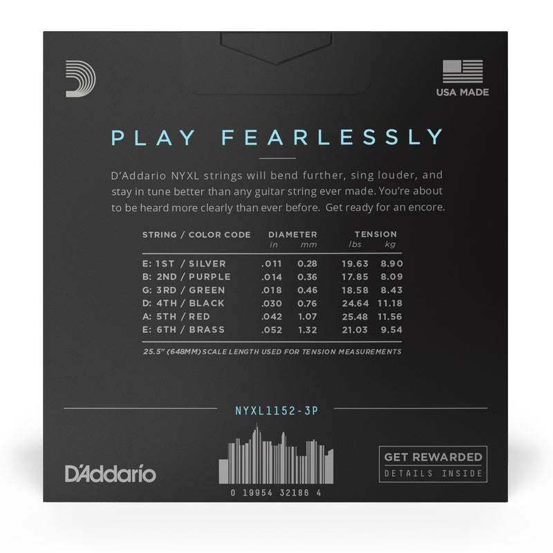 D'Addario NYXL1152 Nickel Wound Electric Guitar Strings, Medium Top / Heavy Bottom, 11-52, 3 Sets