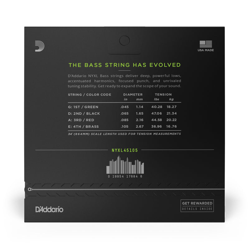 D'Addario NYXL45105 Nickel Wound Bass Guitar Strings, Light Top / Med Bottom, 45-105, Long Scale