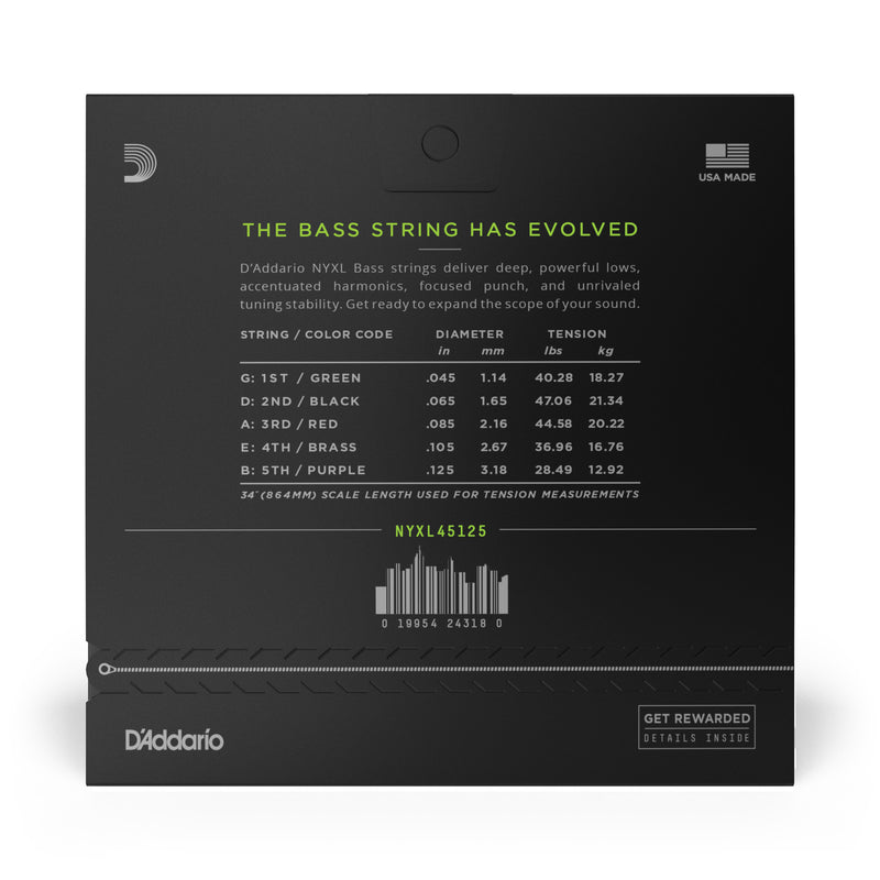 D'Addario NYXL45125 Nickel Wound Bass Guitar Strings, 5-String Lt Top / Med Btm, 45-125, Long Scale