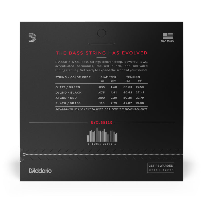 D'Addario NYXL55110 Nickel Wound Bass Guitar Strings, Heavy 55-110, Long Scale