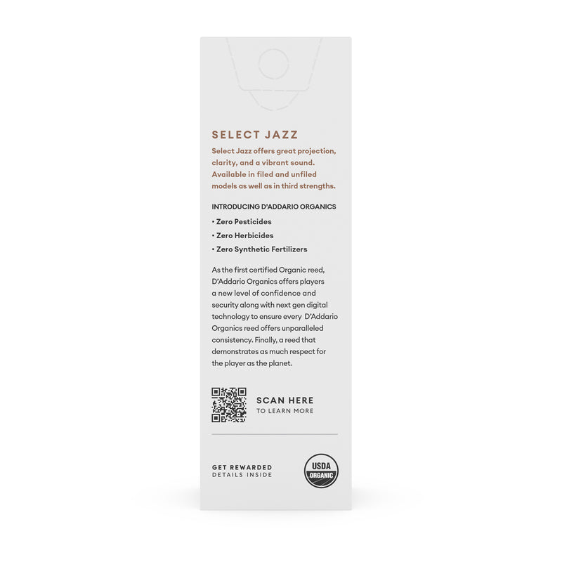 D'Addario Organic Select Jazz Unfiled Baritone Saxophone Reeds, Strength 2 Soft, 5-pack