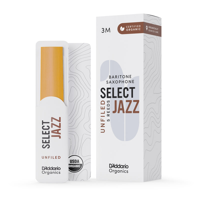 D'Addario Organic Select Jazz Unfiled Baritone Saxophone Reeds, Strength 3 Medium, 5-pack