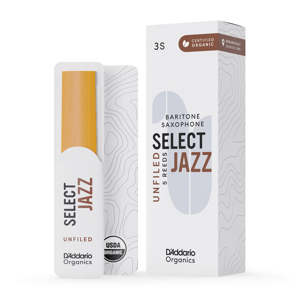 D'Addario Organic Select Jazz Unfiled Baritone Saxophone Reeds, Strength 3 Soft, 5-pack