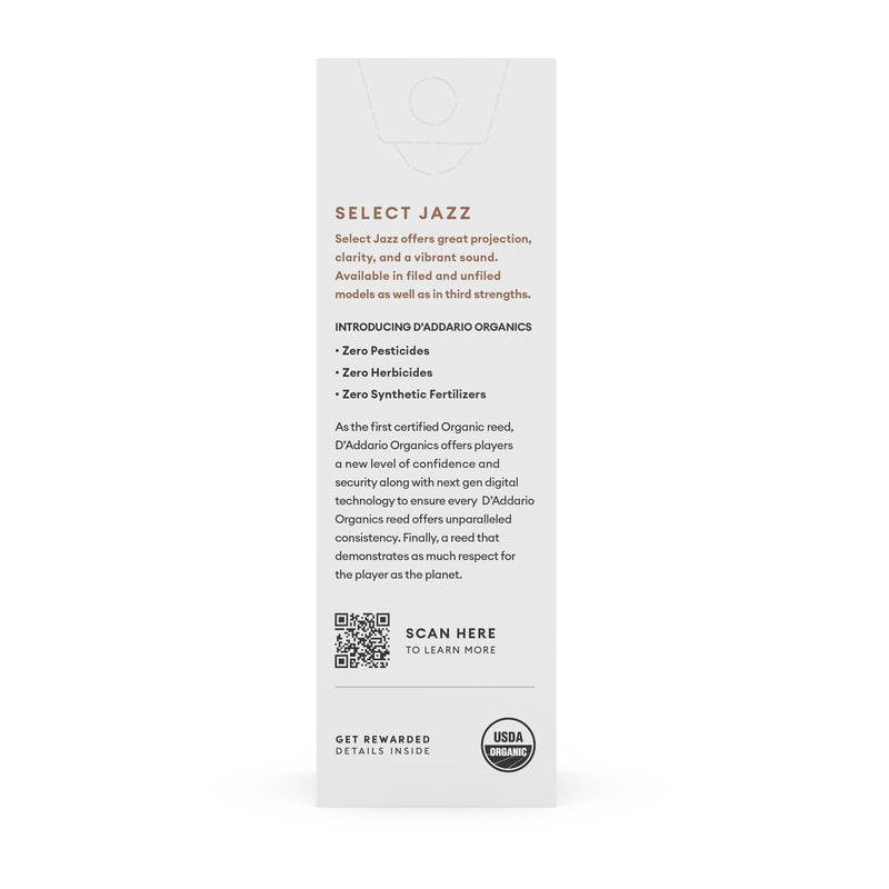 D'Addario Organic Select Jazz Unfiled Tenor Saxophone Reeds, Strength 4 Hard, 5-pack