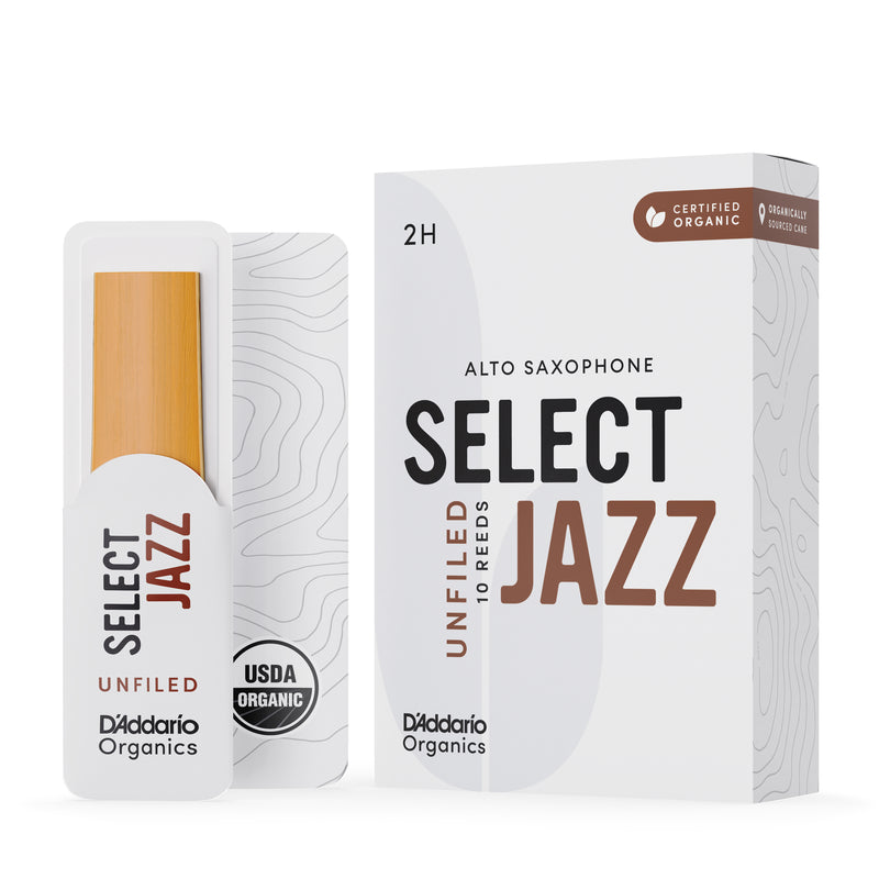 D'Addario Organic Select Jazz Unfiled Alto Saxophone Reeds, Strength 2 Hard, 10-pack