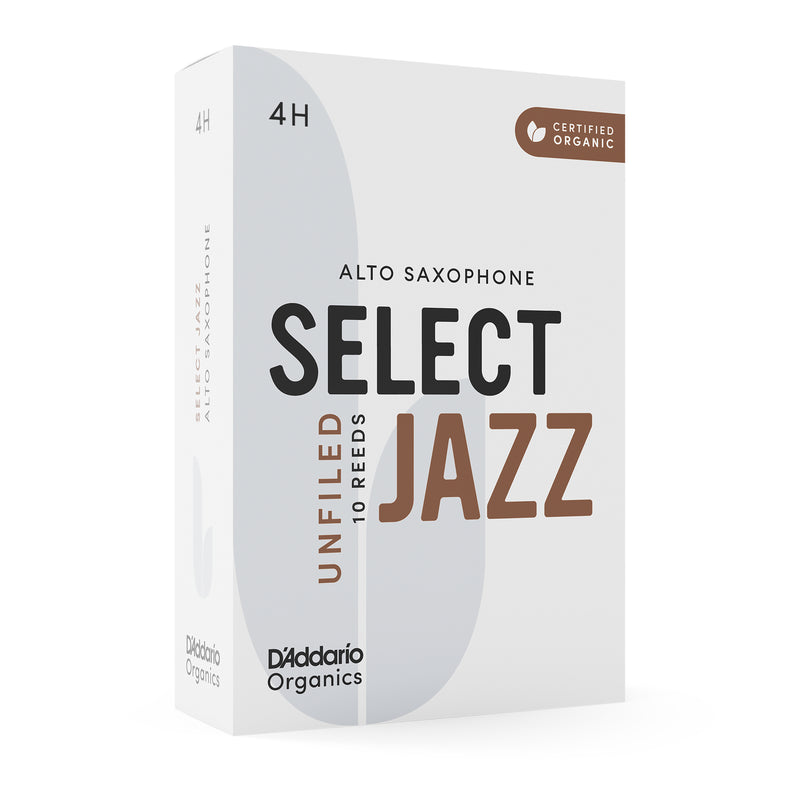D'Addario Organic Select Jazz Unfiled Alto Saxophone Reeds, Strength 4 Hard, 10-pack