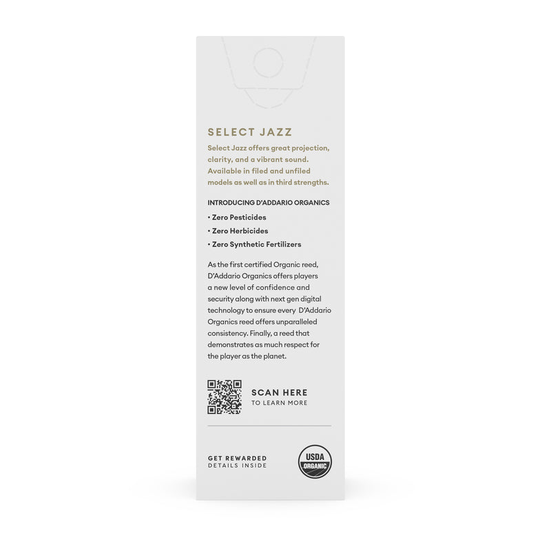 D'Addario Organic Select Jazz Filed Tenor Saxophone Reeds, Strength 3 Medium, 5-pack