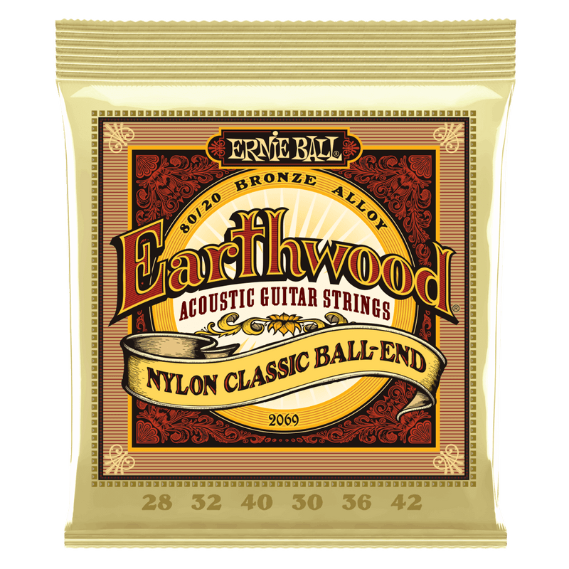 Ernie Ball Earthwood 80/20 Bronze Folk Nylon Classic Ball End Acoustic Guitar Strings, 28-42 Gauge