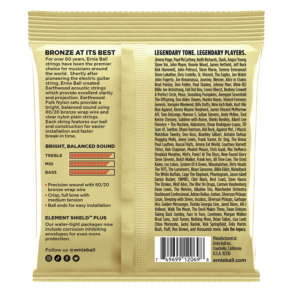 Ernie Ball Earthwood 80/20 Bronze Folk Nylon Classic Ball End Acoustic Guitar Strings, 28-42 Gauge