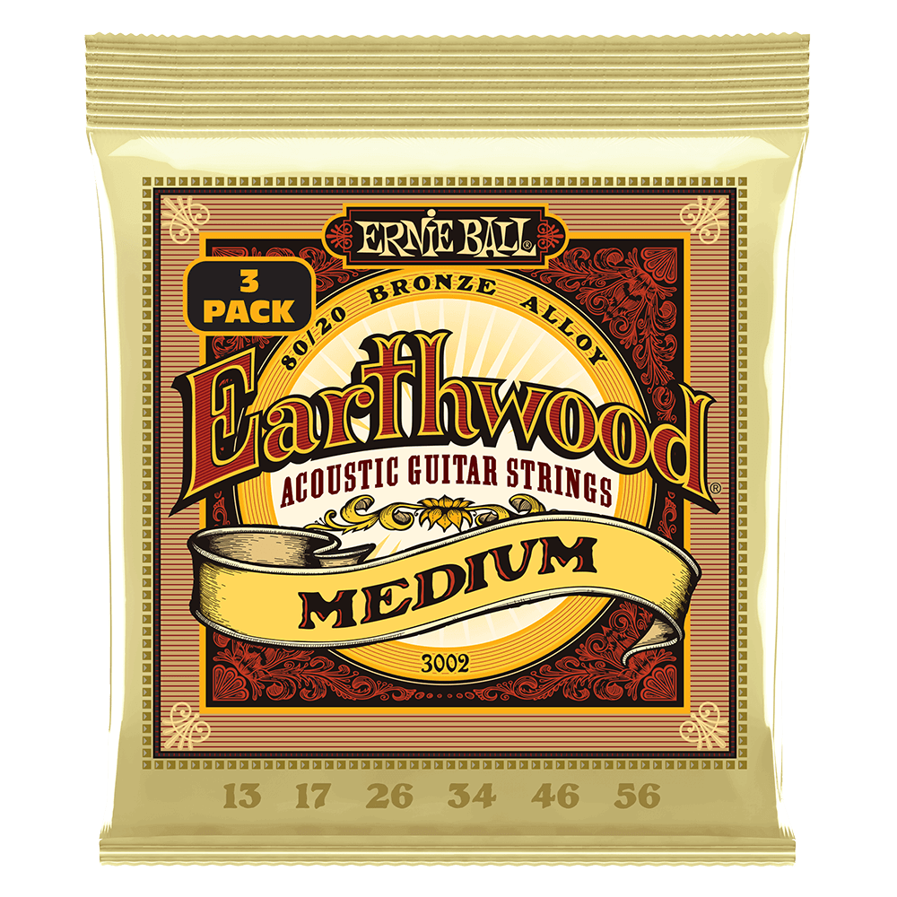 Ernie Ball Earthwood Med 8020 Bronze Acoustic Guitar Strings 3 Pack 13 56