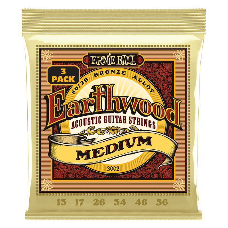 Ernie Ball Earthwood Med 8020 Bronze Acoustic Guitar Strings 3 Pack 13 56