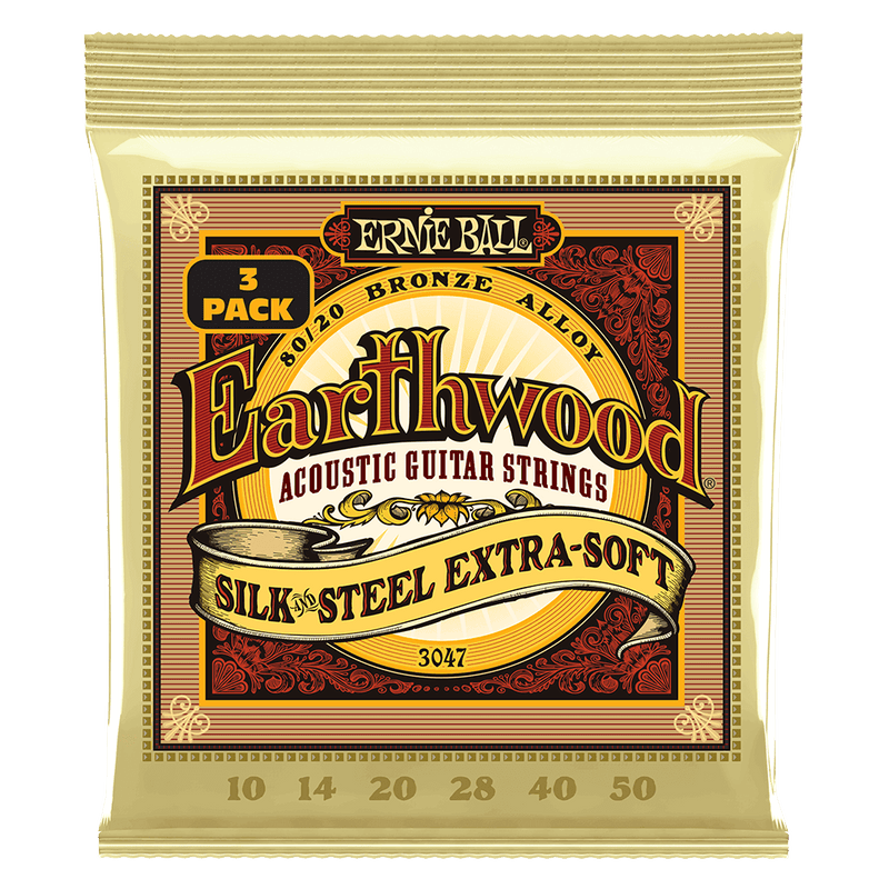 Ernie Ball Earthwood Silk and Steel Extra Soft 8020 Bronze Acoustic Guitar Strings 3 Pack 10 50