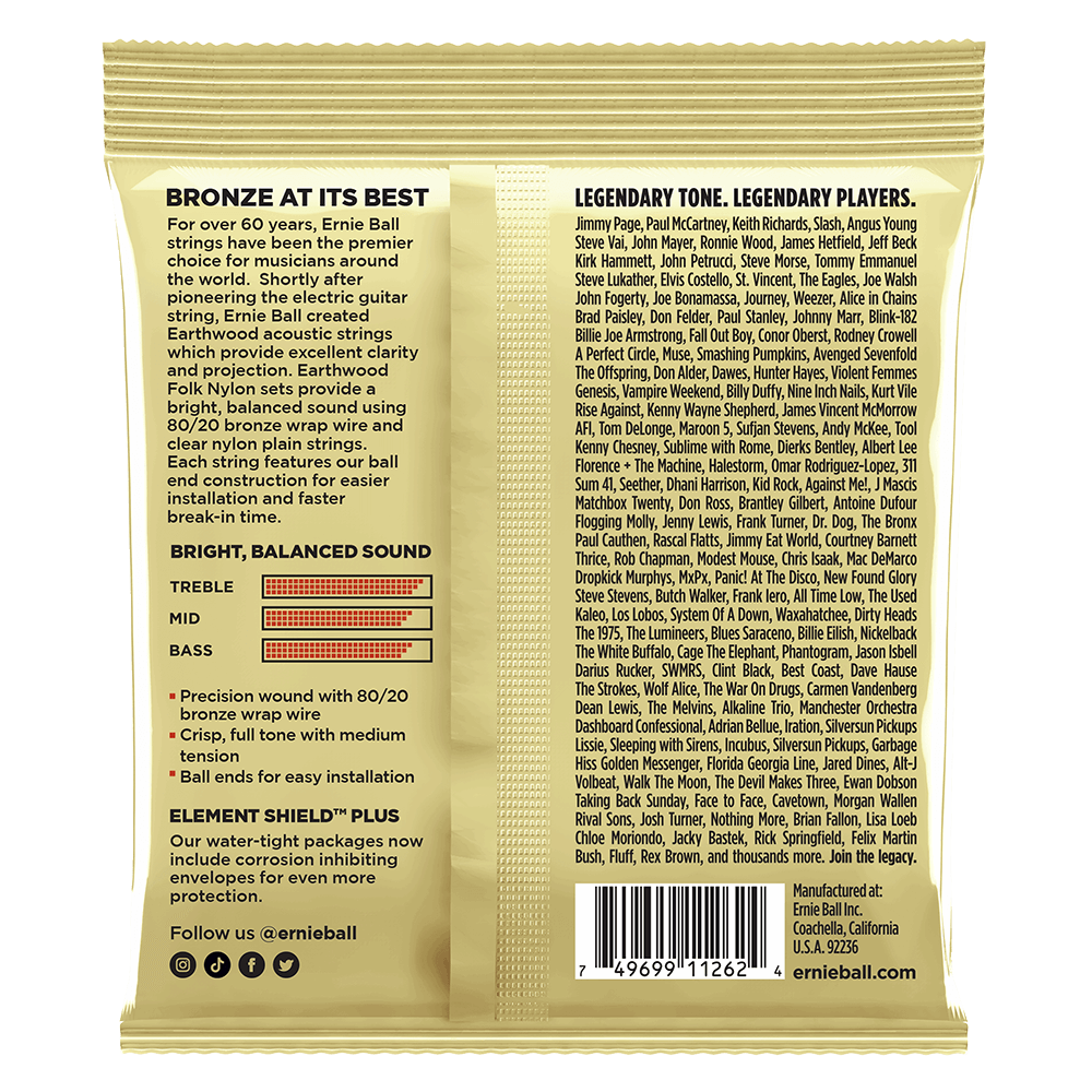 Ernie Ball Earthwood Folk Nylon, Clear and Gold w/Ball End, 8020 Brnz Ac Gtr Strings 3 Pk 28 42