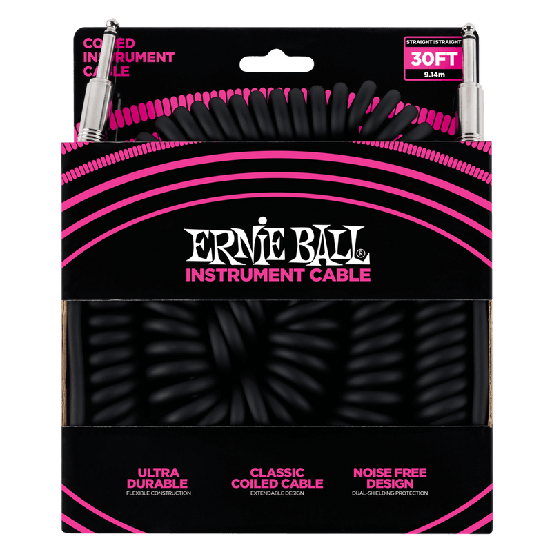 Ernie Ball Coiled Straight Instrument Cable, 9 Meters Length, Black