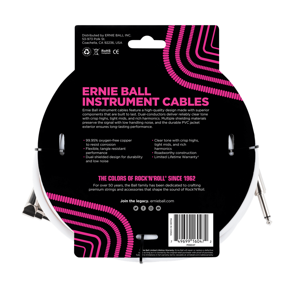 Ernie Ball 6 MetersStraight / Angle Instrument Cable, White