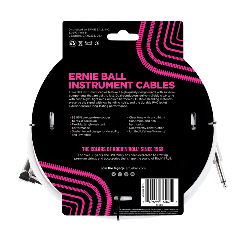 Ernie Ball 6 MetersStraight / Angle Instrument Cable, White