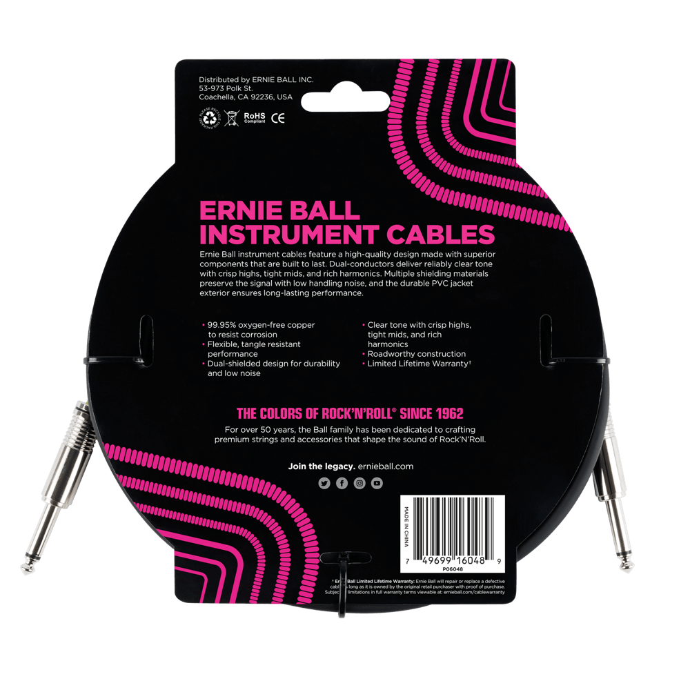 Ernie Ball 3 Meters Straight / Straight Instrument Cable, Black