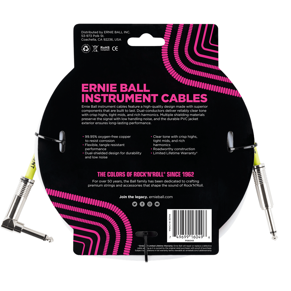Ernie Ball 3 MetersStraight / Angle Instrument Cable, White