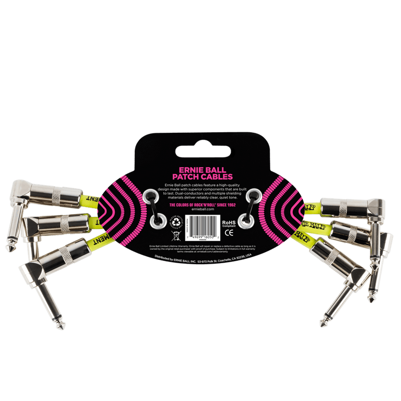 Ernie Ball Angle Patch Cable 3 Pack, Black, 15cm Length