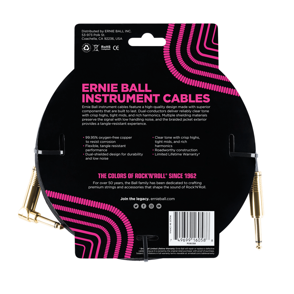 Ernie Ball 7.5 Meter BraidedStraight / Angle Instrument Cable, Black