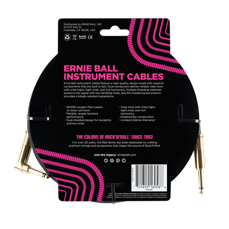 Ernie Ball 7.5 Meter BraidedStraight / Angle Instrument Cable, Black