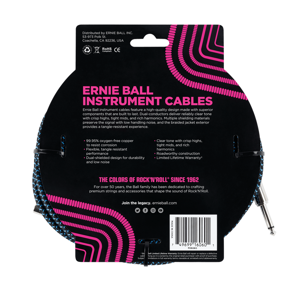 Ernie Ball 7.5 Meter Braided Straight / Angle Instrument Cable, Black / Blue