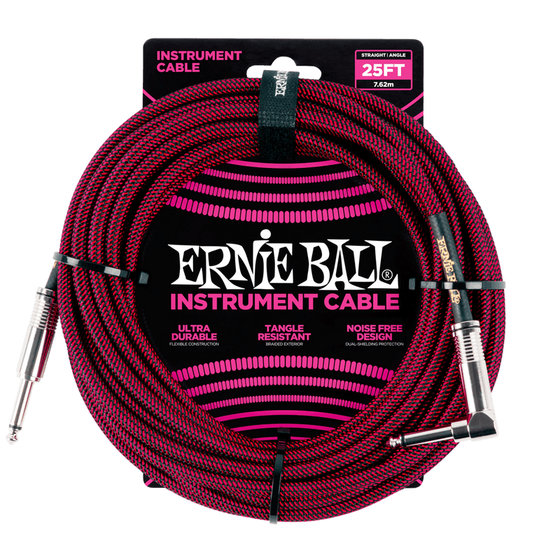 Ernie Ball 7.5 Meter Braided Straight / Angle Instrument Cable, Black / Red