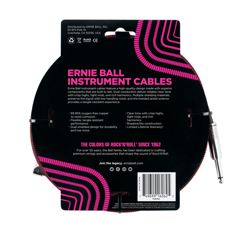 Ernie Ball 7.5 Meter Braided Straight / Angle Instrument Cable, Black / Red