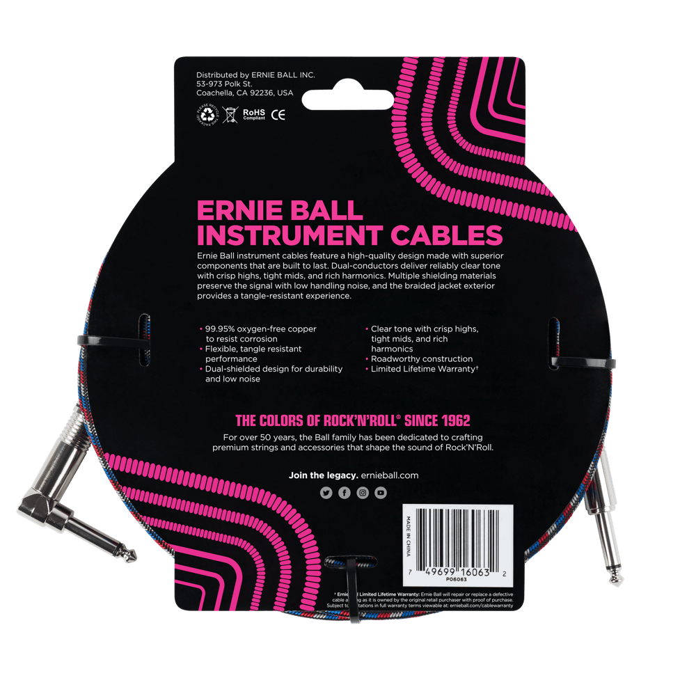 Ernie Ball 7.5 Meter Braided Straight / Angle Instrument Cable, Black / Red / Blue / White