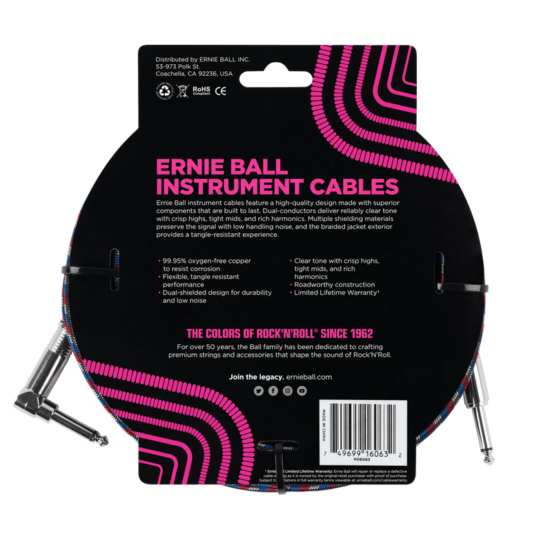 Ernie Ball 7.5 Meter Braided Straight / Angle Instrument Cable, Black / Red / Blue / White