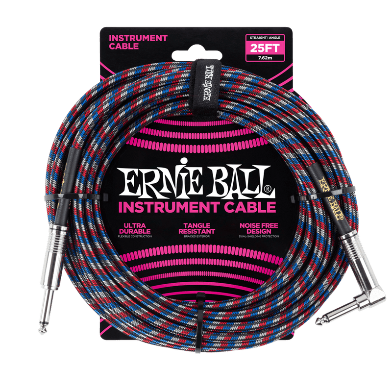 Ernie Ball 7.5 Meter Braided Straight / Angle Instrument Cable, Black / Red / Blue / White