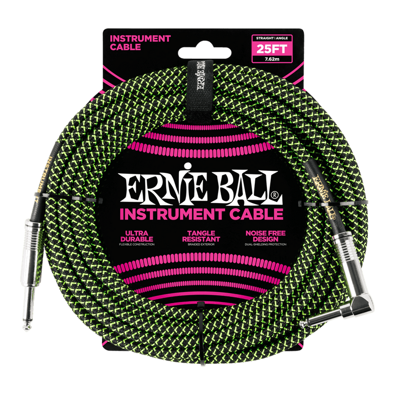 Ernie Ball 7.5 Meter Braided Straight / Angle Instrument Cable, Black / Green