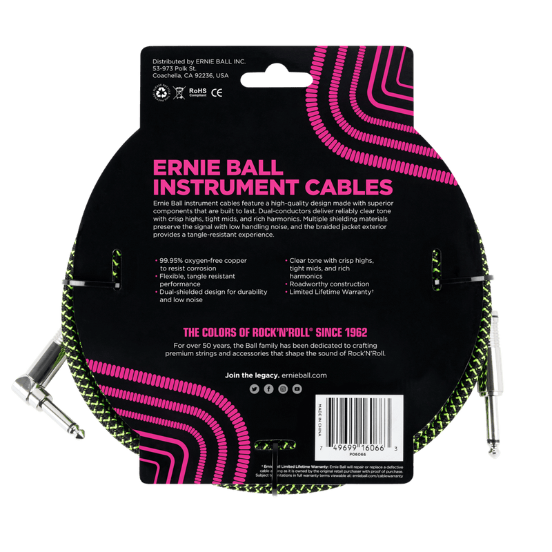 Ernie Ball 7.5 Meter Braided Straight / Angle Instrument Cable, Black / Green