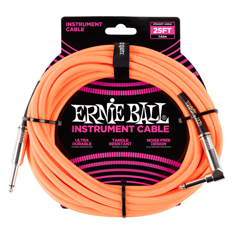 Ernie Ball 7.5 Meter Braided Straight / Angle Instrument Cable, Neon Orange