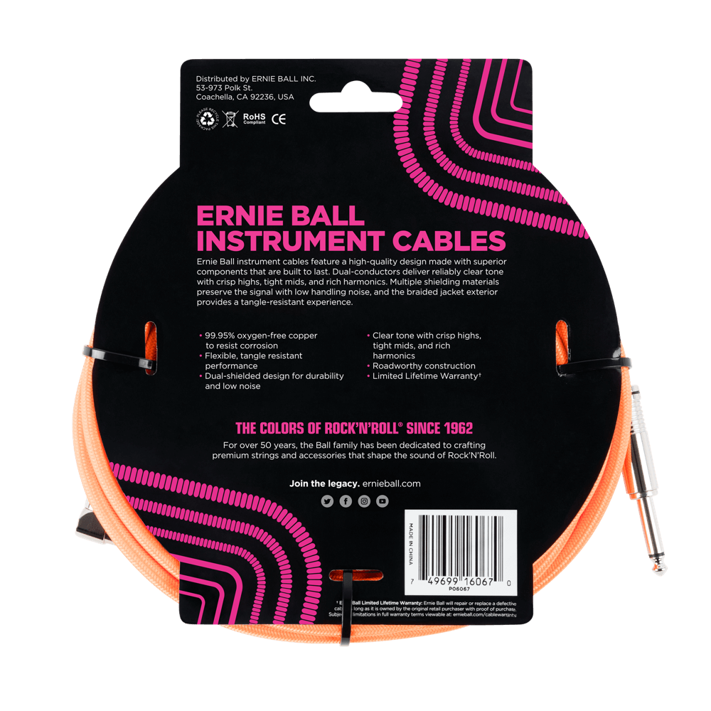 Ernie Ball 7.5 Meter Braided Straight / Angle Instrument Cable, Neon Orange