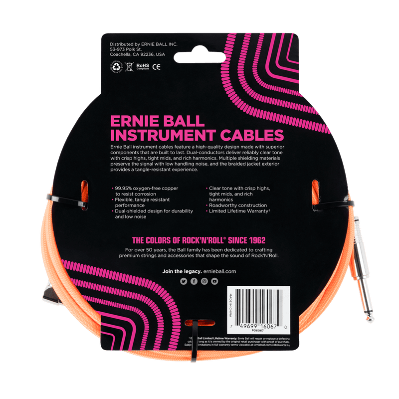 Ernie Ball 7.5 Meter Braided Straight / Angle Instrument Cable, Neon Orange