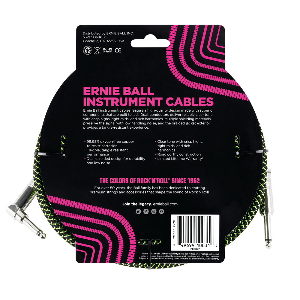 Ernie Ball 3 Meters Braided Straight / Angle Inst Cable, Black/Green